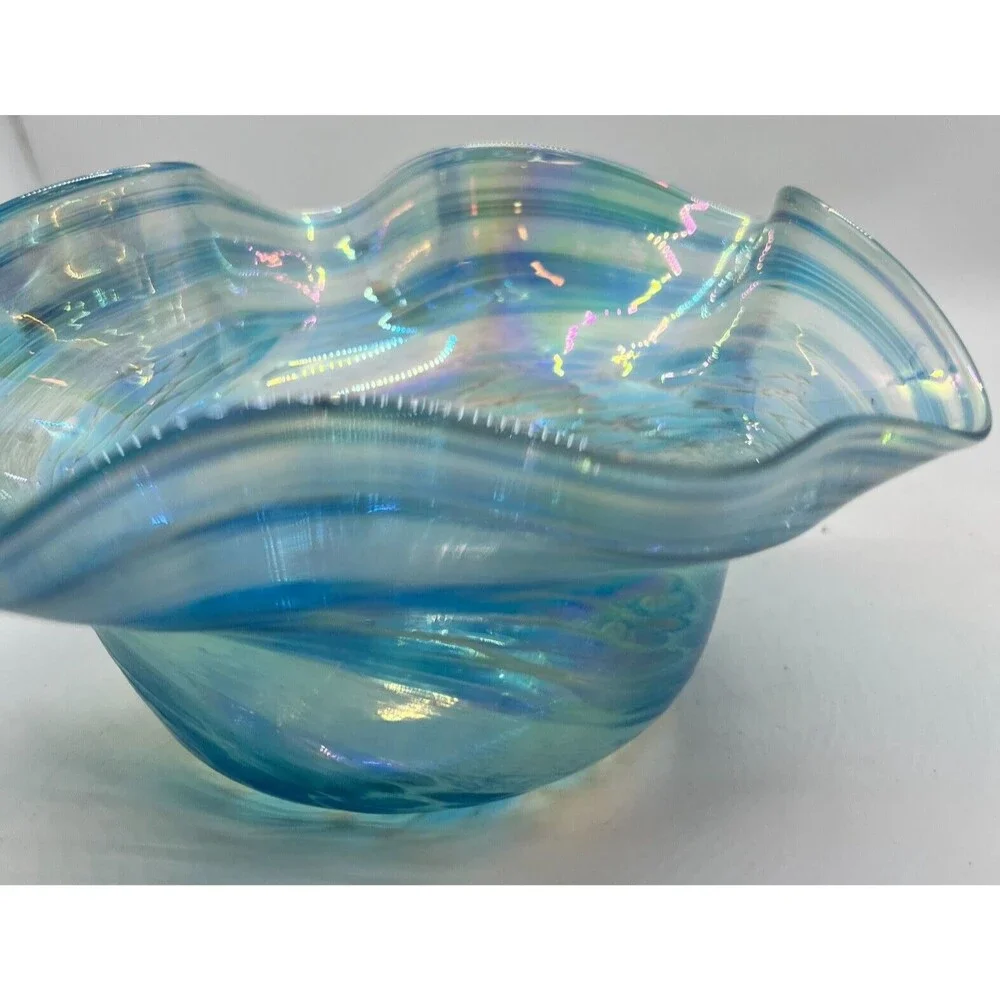 Signed art glass Blue Bowl swirls 2003 glass